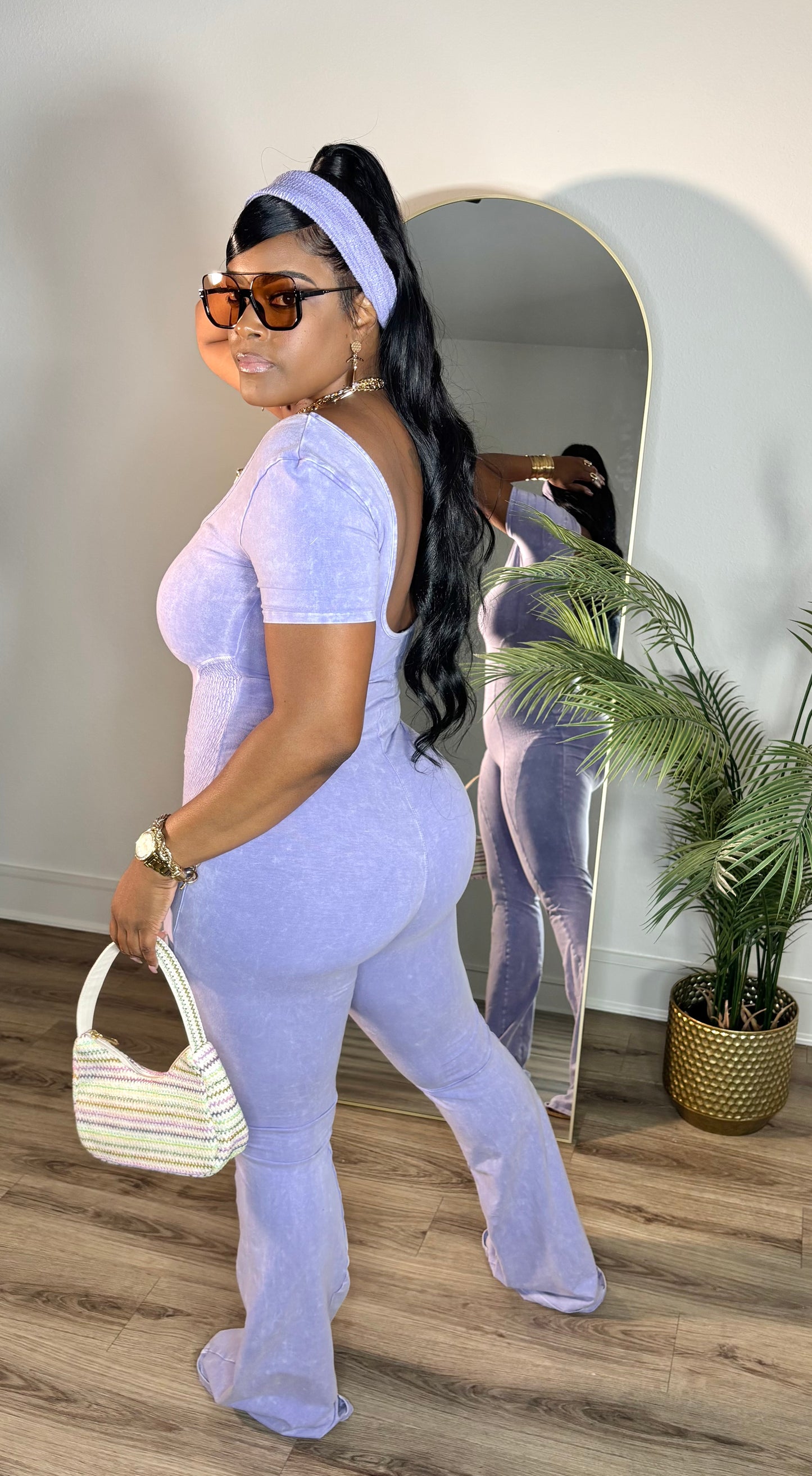 "So Chic" Mineral Wash Jumpsuit With Headband (Lilac)