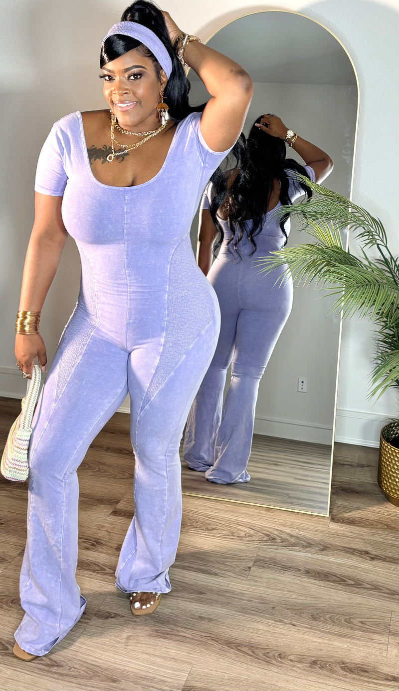 "So Chic" Mineral Wash Jumpsuit With Headband (Lilac)