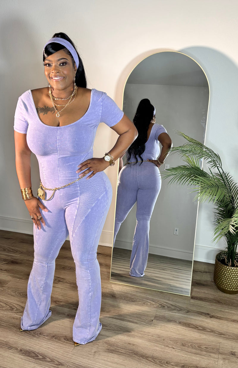 "So Chic" Mineral Wash Jumpsuit With Headband (Lilac)